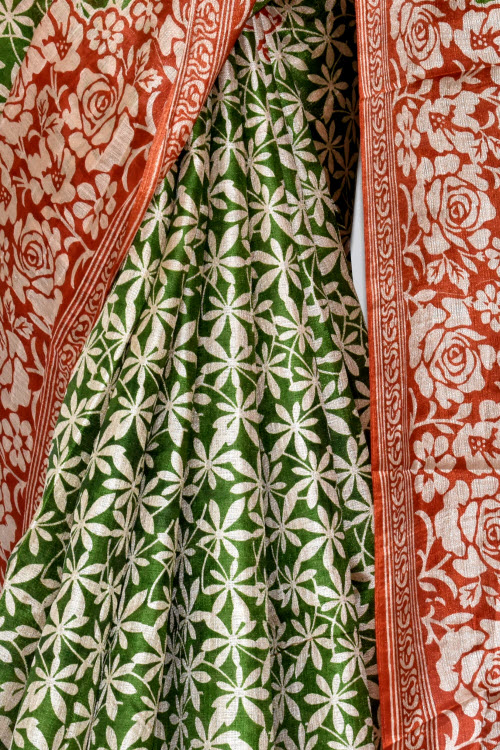 Rust-Green Printed Art Silk Saree with Blouse