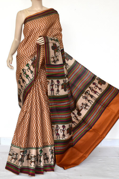 Rust-Fawn Printed Art Silk Saree with Blouse