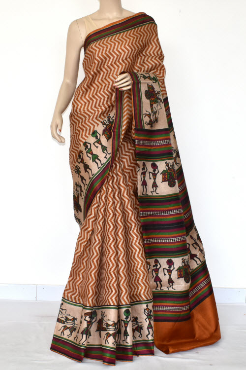 Rust-Fawn Printed Art Silk Saree with Blouse