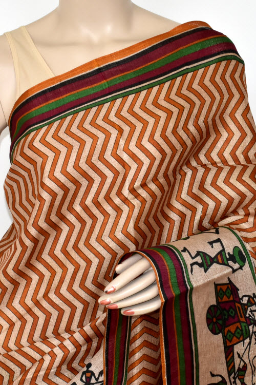 Rust-Fawn Printed Art Silk Saree with Blouse