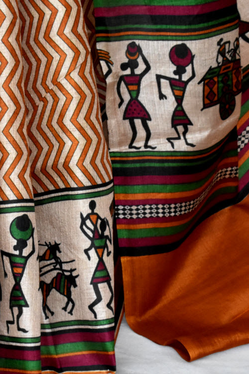 Rust-Fawn Printed Art Silk Saree with Blouse