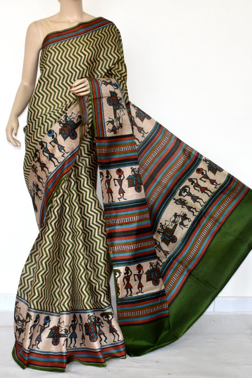 Green-Fawn Printed Art Silk Saree with Blouse
