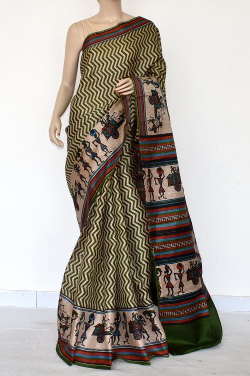 Green-Fawn Printed Art Silk Saree with Blouse