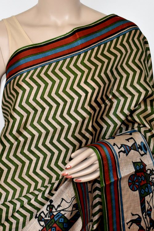 Green-Fawn Printed Art Silk Saree with Blouse