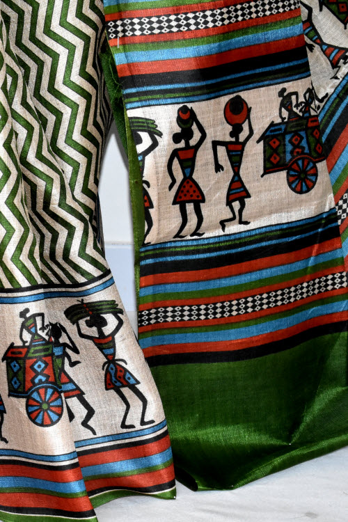 Green-Fawn Printed Art Silk Saree with Blouse