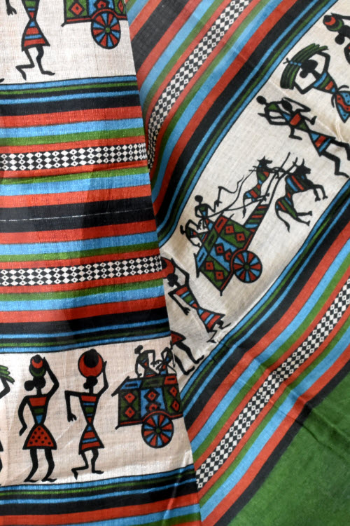 Green-Fawn Printed Art Silk Saree with Blouse