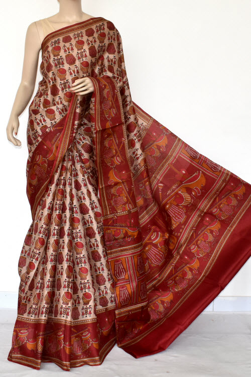 Rust Printed Art Silk Saree with Blouse