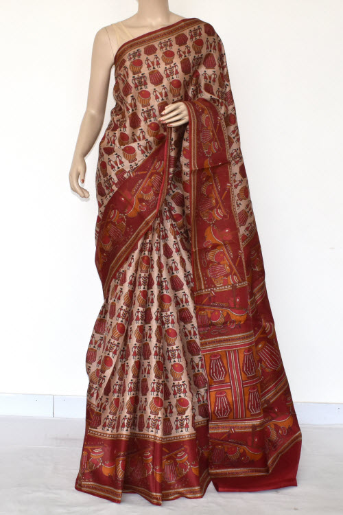 Rust Printed Art Silk Saree with Blouse