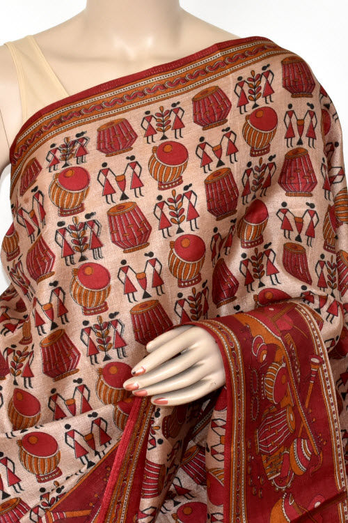 Rust Printed Art Silk Saree with Blouse