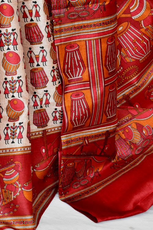 Rust Printed Art Silk Saree with Blouse