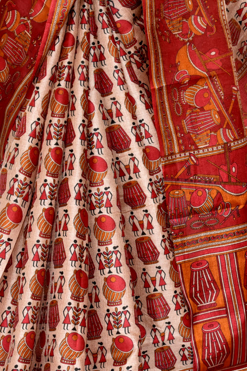Rust Printed Art Silk Saree with Blouse
