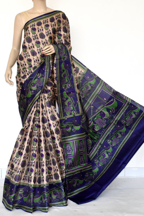 Blue Printed Art Silk Saree with Blouse