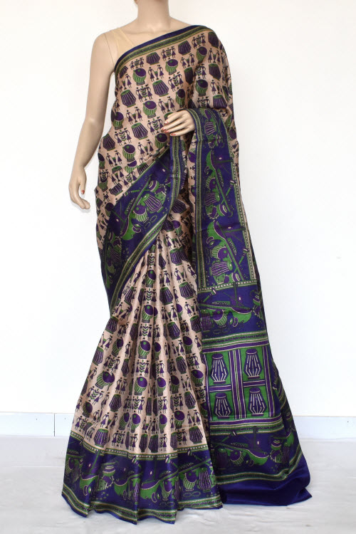 Blue Printed Art Silk Saree with Blouse