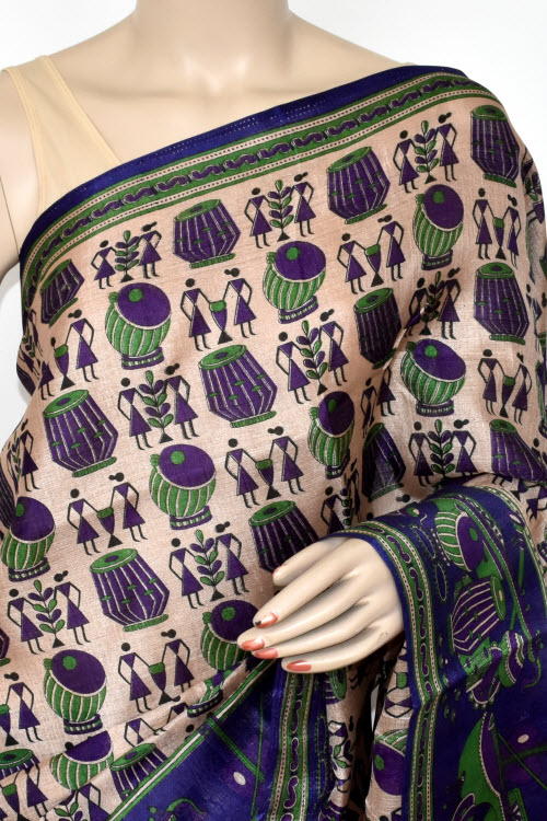 Blue Printed Art Silk Saree with Blouse