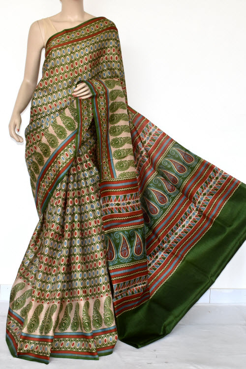 Green-Red Printed Art Silk Saree with Blouse