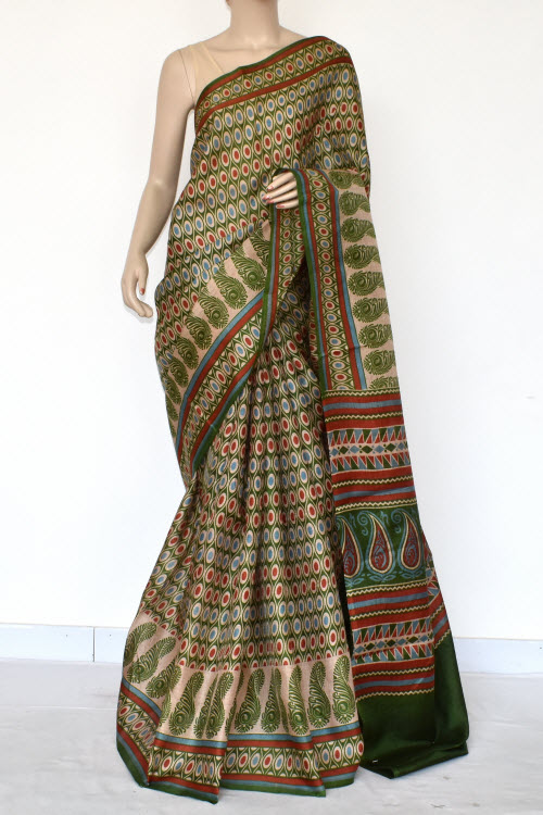 Green-Red Printed Art Silk Saree with Blouse