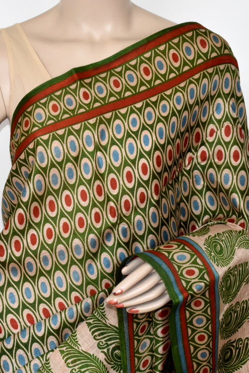 Green-Red Printed Art Silk Saree with Blouse
