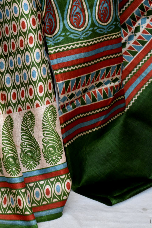 Green-Red Printed Art Silk Saree with Blouse