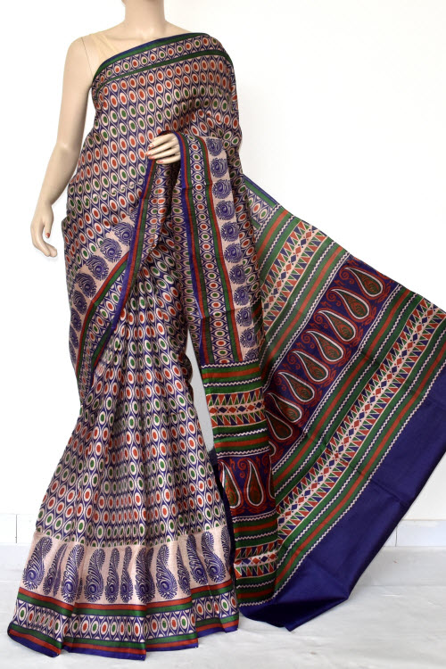 Blue-Red Printed Art Silk Saree with Blouse