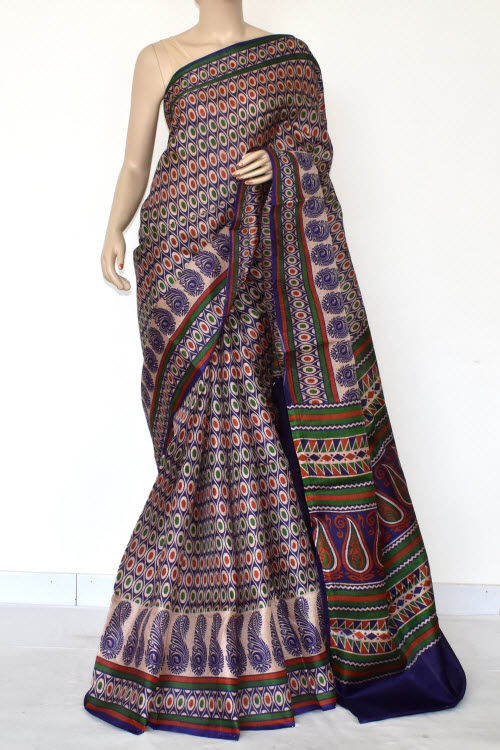 Blue-Red Printed Art Silk Saree with Blouse