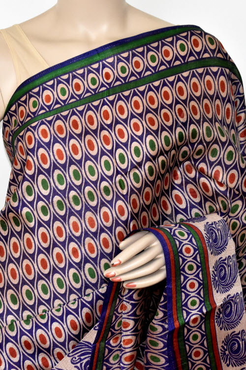 Blue-Red Printed Art Silk Saree with Blouse