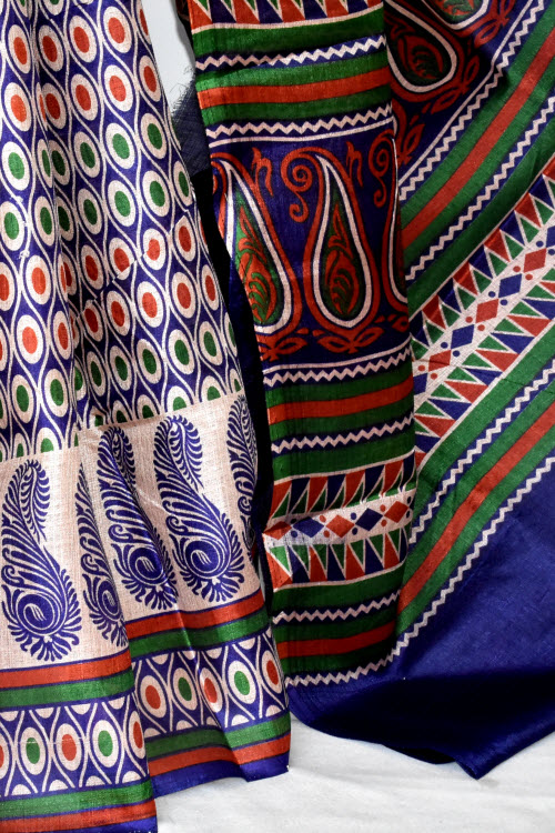 Blue-Red Printed Art Silk Saree with Blouse