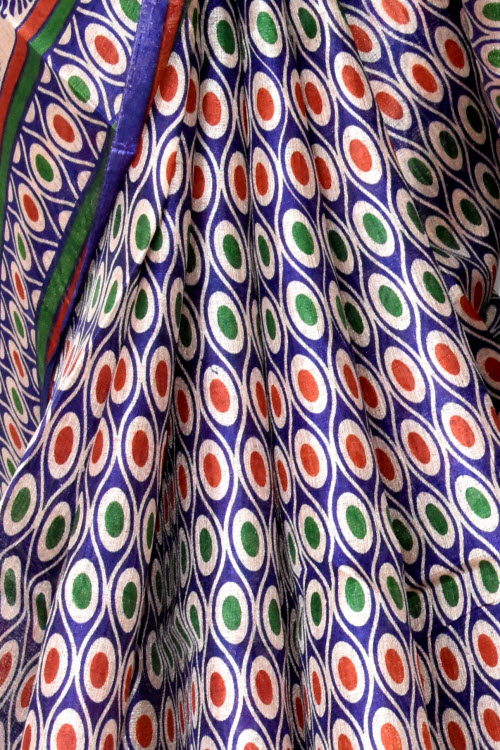 Blue-Red Printed Art Silk Saree with Blouse