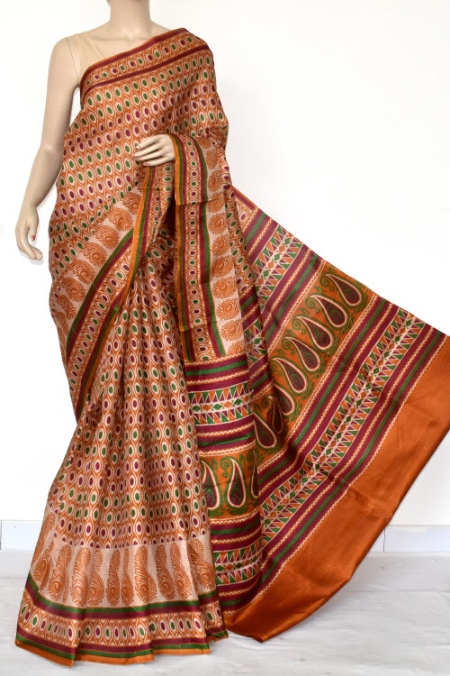 Rust-Maroon Printed Art Silk Saree with Blouse