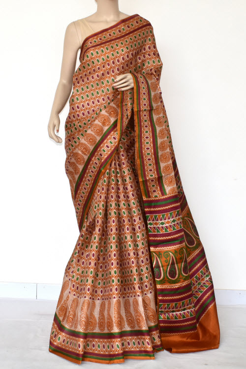 Rust-Maroon Printed Art Silk Saree with Blouse