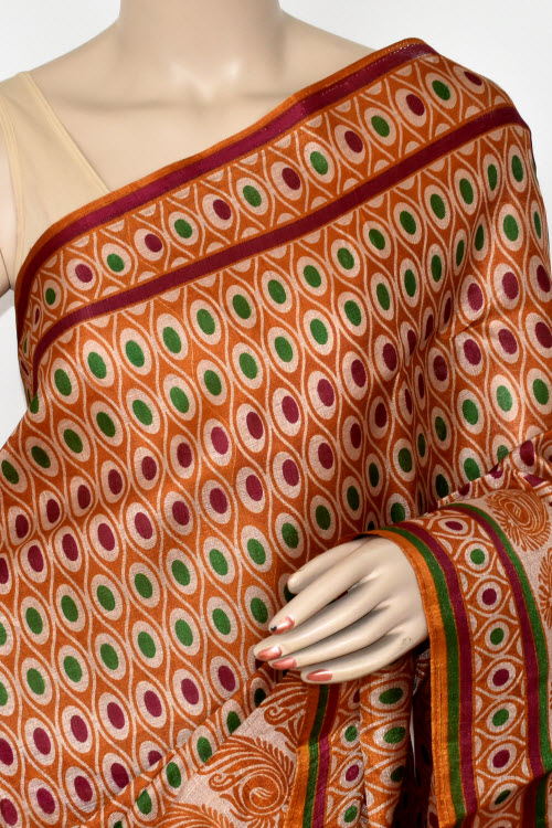 Rust-Maroon Printed Art Silk Saree with Blouse