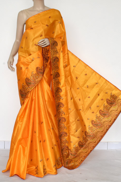 Golden Yellow Embroidered Tusser Art Silk Saree with Blouse