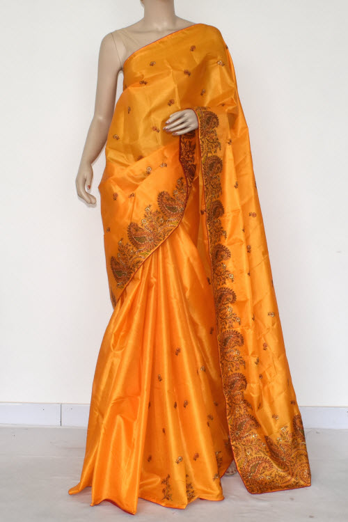Golden Yellow Embroidered Tusser Art Silk Saree with Blouse