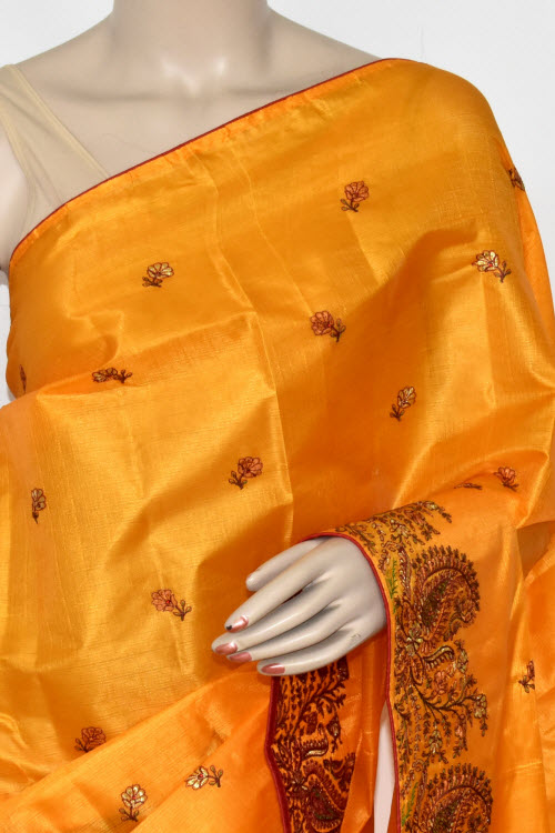 Golden Yellow Embroidered Tusser Art Silk Saree with Blouse