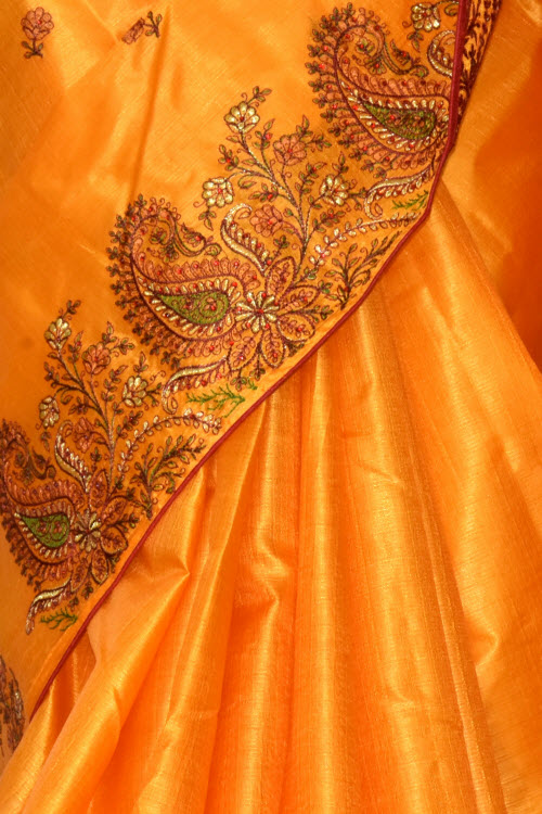 Golden Yellow Embroidered Tusser Art Silk Saree with Blouse