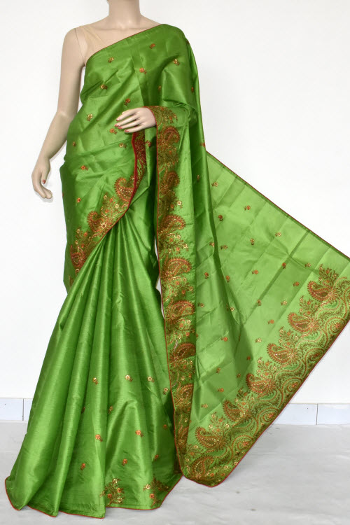 Mehandi Green Embroidered Tusser Art Silk Saree with Blouse