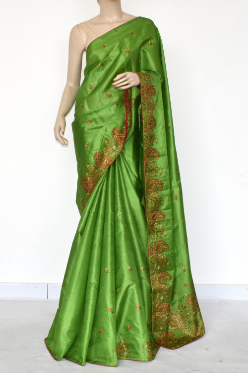 Mehandi Green Embroidered Tusser Art Silk Saree with Blouse