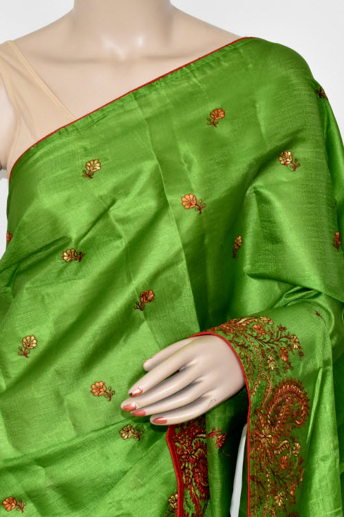 Mehandi Green Embroidered Tusser Art Silk Saree with Blouse