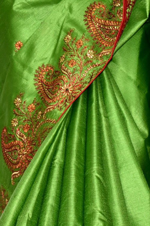 Mehandi Green Embroidered Tusser Art Silk Saree with Blouse