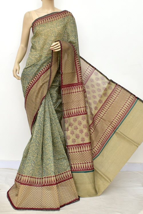 Sea Green Printed Cotton Taspa Saree with Blouse
