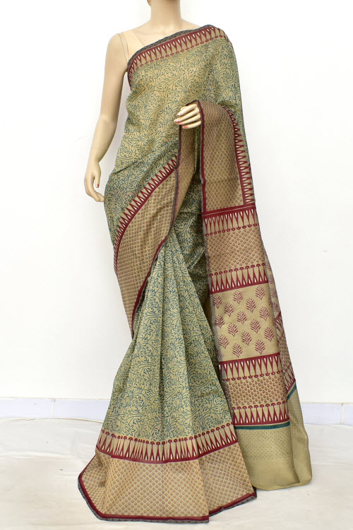 Sea Green Printed Cotton Taspa Saree with Blouse