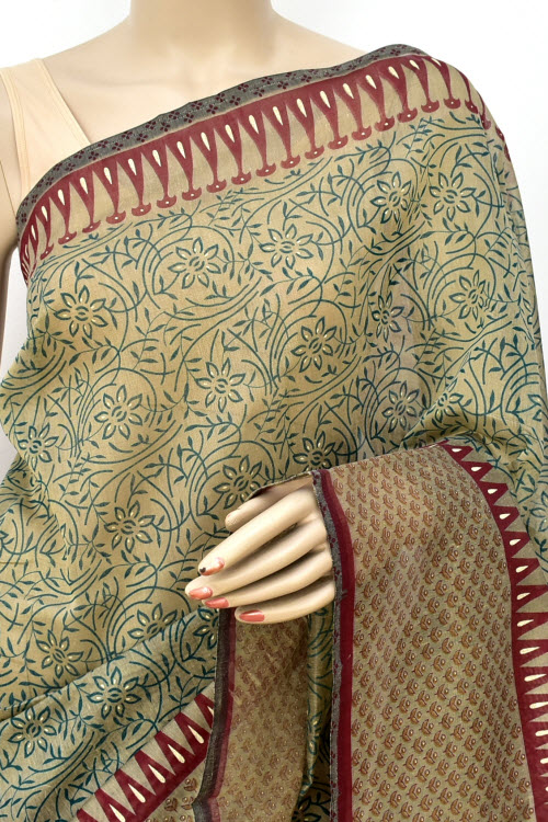 Sea Green Printed Cotton Taspa Saree with Blouse
