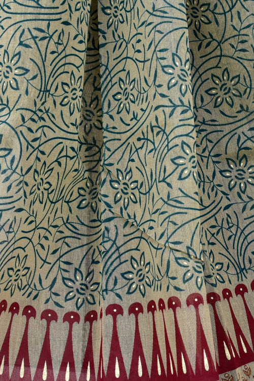 Sea Green Printed Cotton Taspa Saree with Blouse