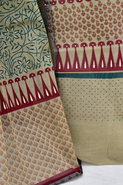 Sea Green Printed Cotton Taspa Saree with Blouse