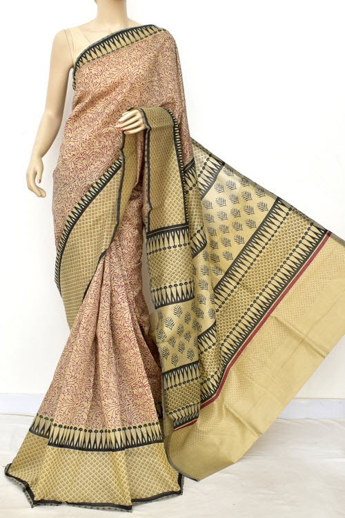 Brown Printed Cotton Taspa Saree with Blouse