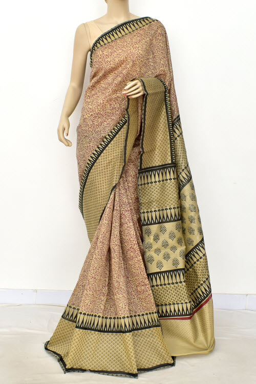 Brown Printed Cotton Taspa Saree with Blouse
