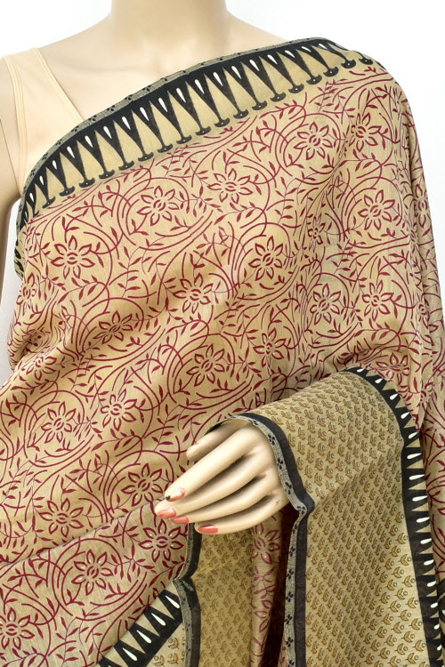 Brown Printed Cotton Taspa Saree with Blouse