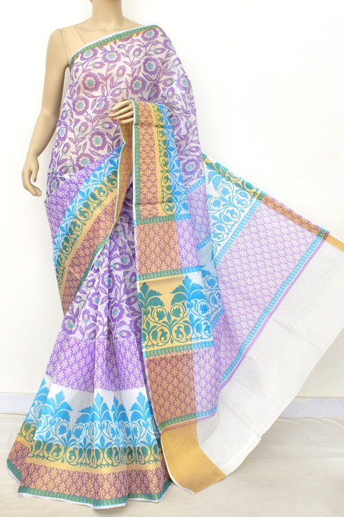 Lavender-Pherozi Printed Cotton Taspa Saree with Blouse