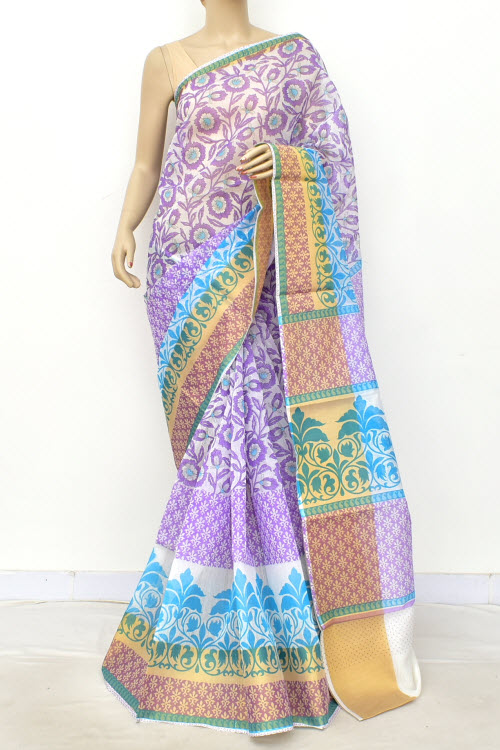 Lavender-Pherozi Printed Cotton Taspa Saree with Blouse