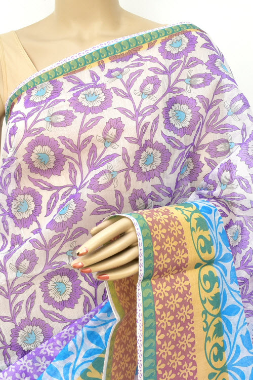 Lavender-Pherozi Printed Cotton Taspa Saree with Blouse