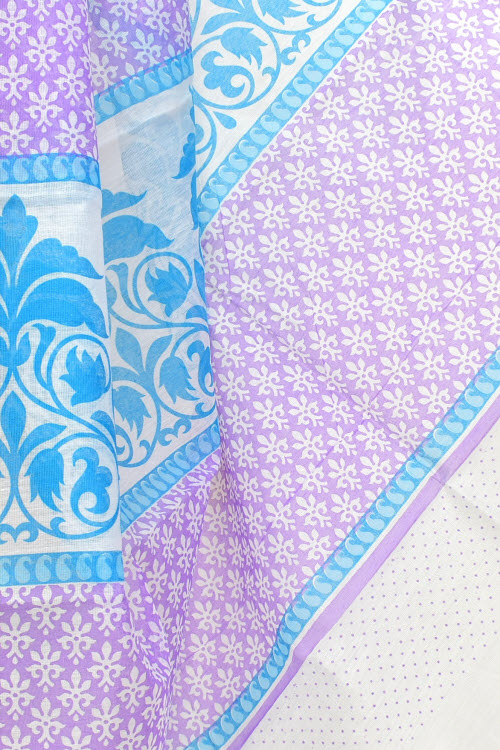 Lavender-Pherozi Printed Cotton Taspa Saree with Blouse